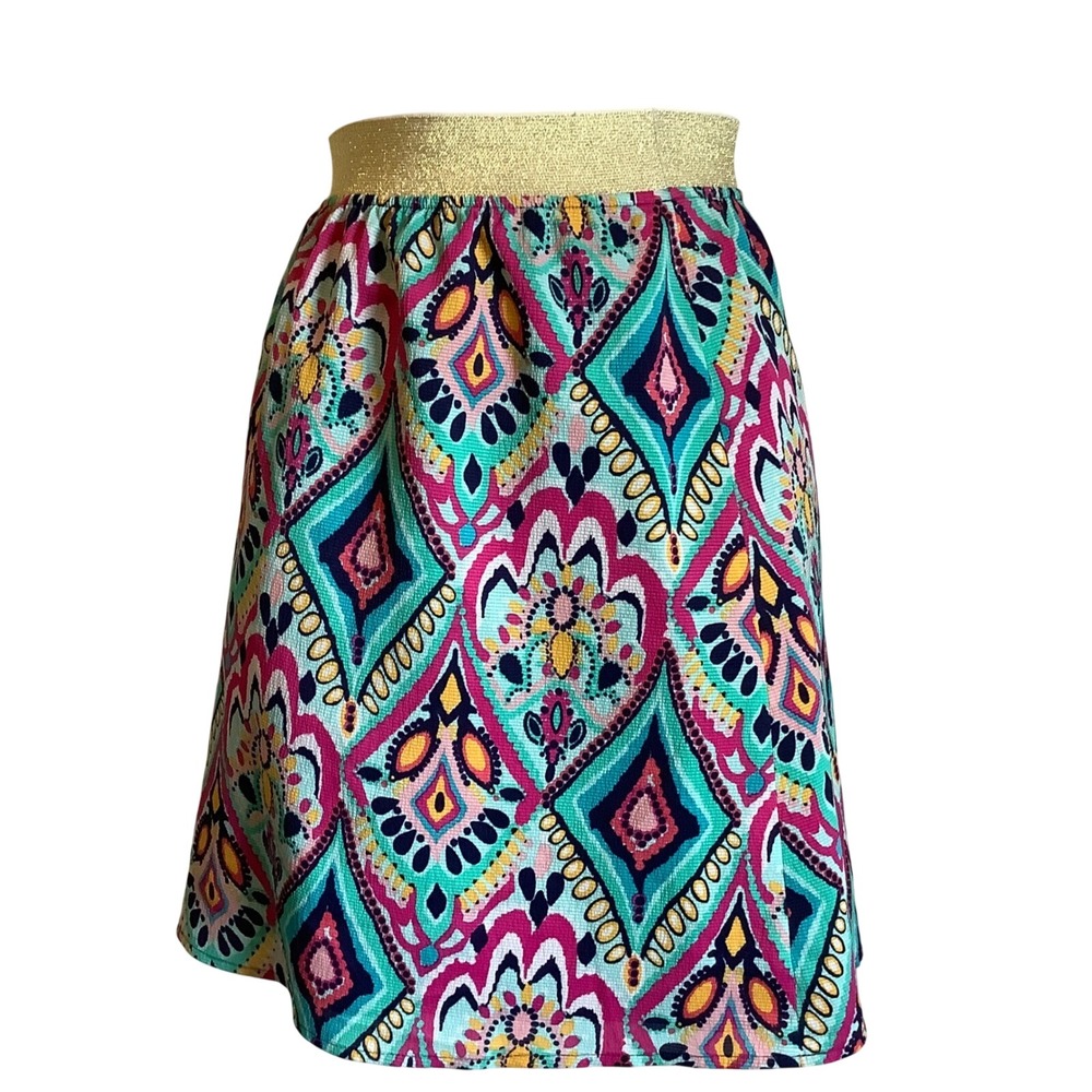 Lilly Pulitzer Womens Pink Teal Geometric Diamond Mini Skirt Gold Waistband M